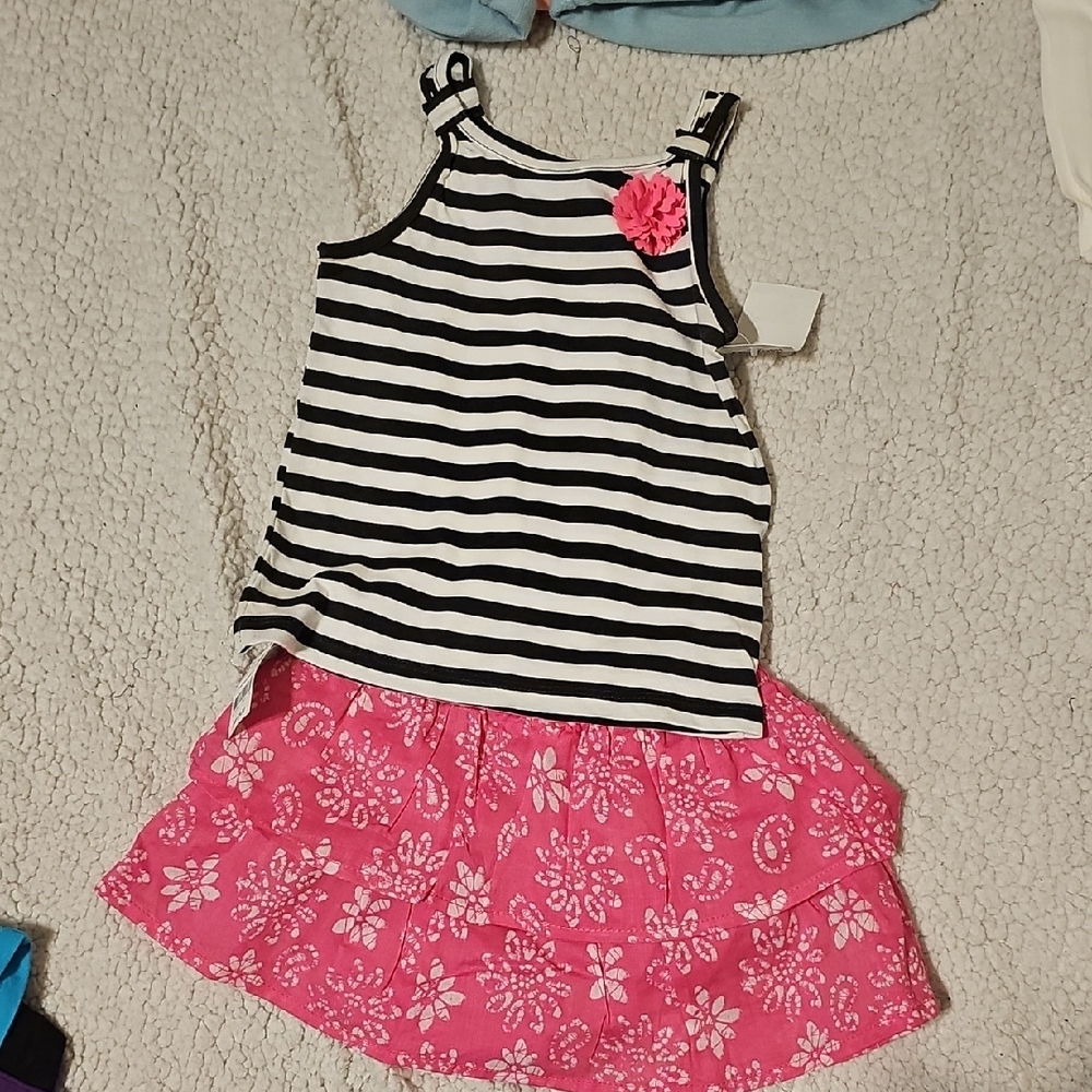 OshKosh B'gosh Black & White Striped Tank with Pink Floral Skirt